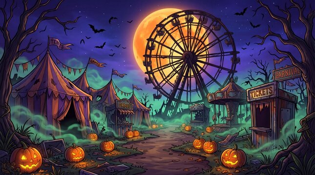 Spooky Halloween haunted amusement park illustration with Ferris wheel, glowing jack o lanterns, circus tents, flying bats, and full moon night sky background