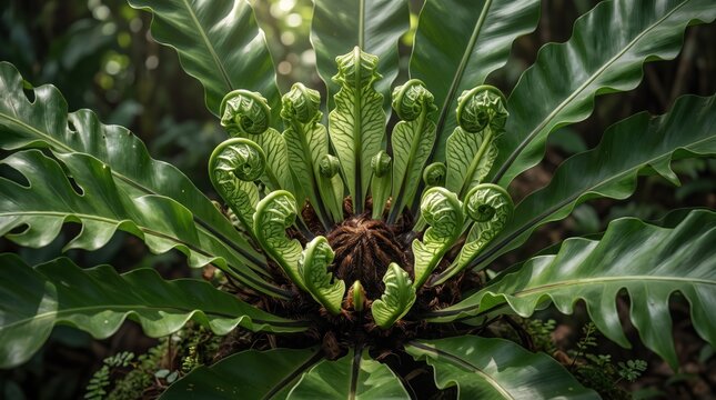 Detailed close-up of a bird's nest fern showing vibrant green fronds and tightly curled fiddleheads emerging from the center in a lush tropical rainforest setting with natural...