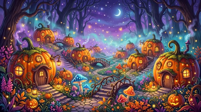 Spooky Halloween pumpkin village landscape illustration with cozy glowing pumpkin houses, stone bridges, magical mushrooms, fireflies, and crescent moon night sky background