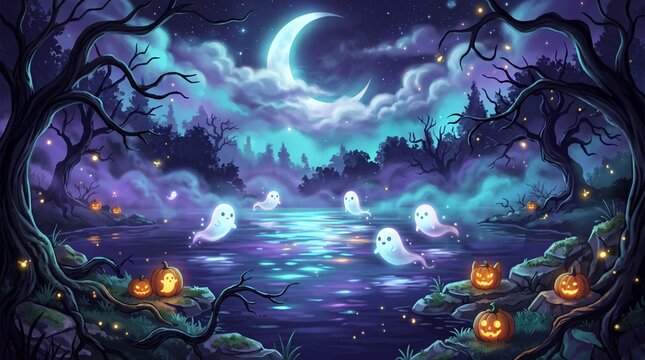 Spooky Halloween mystic lake landscape illustration with cute glowing ghosts flying over water, carved jack o lanterns, eerie fog, twisted trees, and crescent moon night sky background