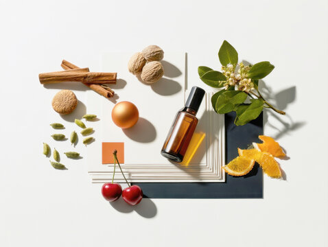 flat lay aromatic spa and perfume composition with amber glass dropper bottle spices citrus peel and fresh cherry on white background