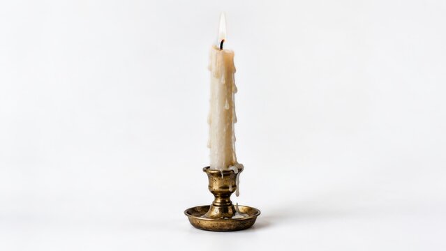 Melted cream taper candle burning in a small brass holder against white