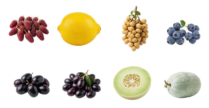 An assortment of fresh berries melons and citrus fruits isolated on white including lemon longan blueberries black grapes honeydew and winter melon.