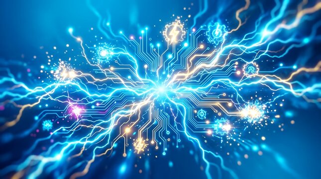 Glowing electric illumination pattern showcasing creative power concepts and bright technological inspiration on a vibrant azure backdrop electricity illumination creative concept power brilliant
