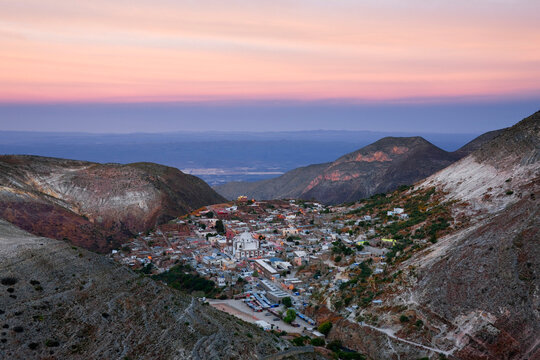 Real de catorce town nestled in mountains at sunset mexico