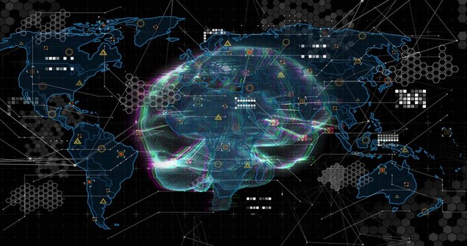 Projecting holographic brain hovering over digital display, showing world map, nodes, caution icons