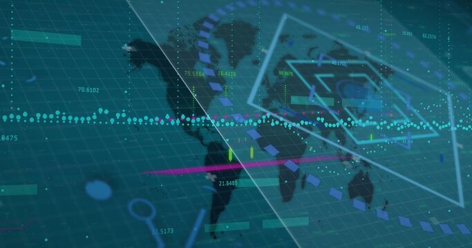 Displaying world map overlay on virtual dashboard, showing dotted teal trend line and neon markers