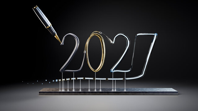 Metallic 3d numbers 2027 being written by black and gold pen