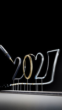 Metallic numbers 2027 with pen writing number two on black background