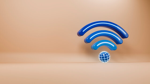 Blue wifi symbol with glowing globe icon in 3d illustration