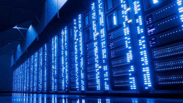 Server racks illuminated with blue led lights