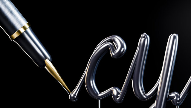Metallic fountain pen creating elegant calligraphy script