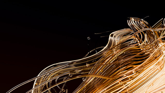Abstract golden wire art with flowing curves and bubbles
