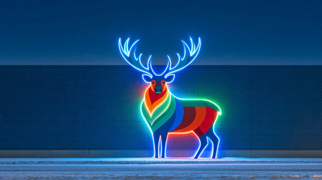 Neon deer installation glowing in various colors outdoors at night