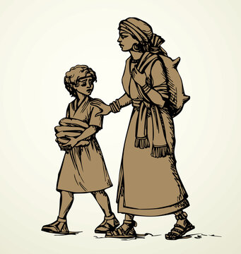 Vector drawing. Ancient woman and kid