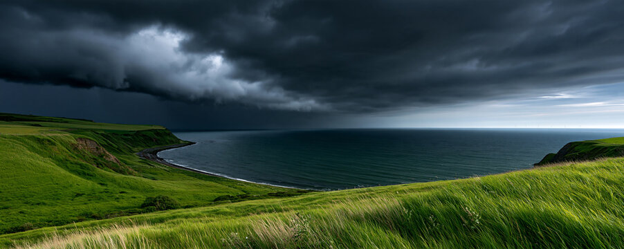fierce atlantic storm approaching a tranquil green coastal meadow, dramatic dark storm clouds over a peaceful atlantic coastline, powerful stormfront sweeping across a lush green coastal landscape