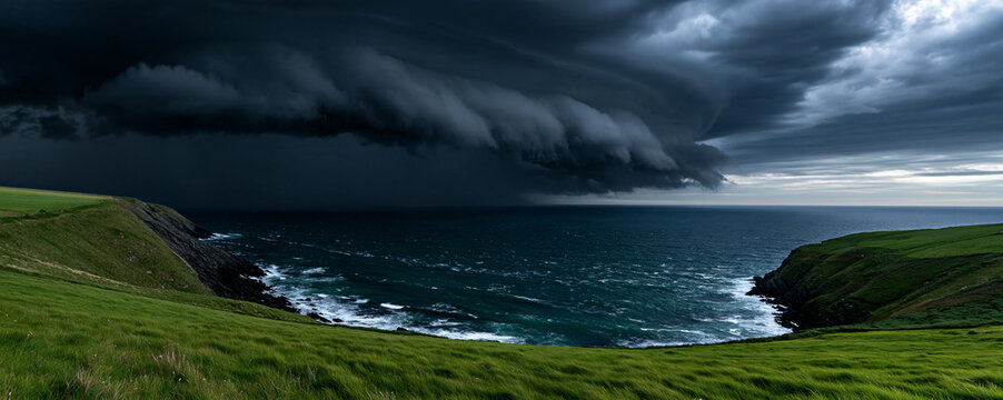 fierce atlantic storm approaching a tranquil green coastal meadow, dramatic dark storm clouds over a peaceful atlantic coastline, powerful stormfront sweeping across a lush green coastal landscape