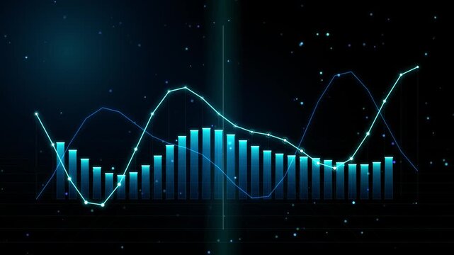 Financial stock market bar chart display with dual moving average sine wave lines loop representing cryptocurrency trading business analytics