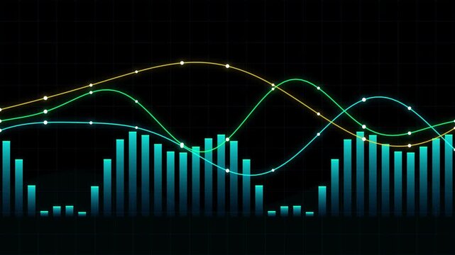 Cyan financial bar chart graph with smooth overlapping sine wave indicators background loop representing stock market business analytics growth
