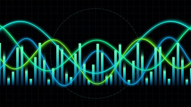 Vibrant cyan green glowing audio spectrum frequency sine wave over vertical bar graph background loop representing digital music frequency soundwave tech