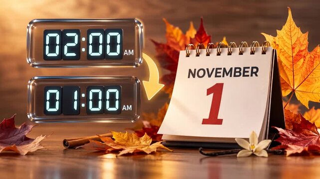 .Fall Back 2026 time change reminder, digital clocks turning back one hour from 2:00 AM to 1:00 AM, November 1 calendar, Daylight Saving Time ends in USA.