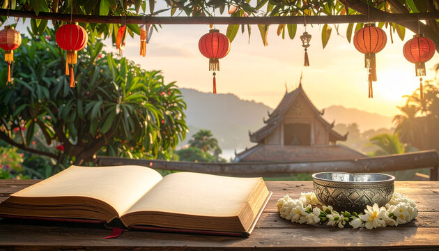 Vintage Open Blank Journal With Thai Songkran Festival Decorations And Traditional Temple Backdrop
