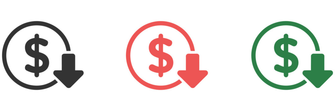 Cost Reduction Icon, Dollar Symbol with Downward Arrow Representing Price Drops, Financial Savings, and Expense Management Vector Illustration
