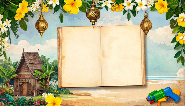 Vintage Open Blank Journal With Thai Songkran Festival Background And Traditional Decorations For Cultural Design