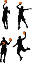 Basketball player silhouettes in dunking, shooting, and dribbling action poses with orange ball isolated on white background © MdHarunur
