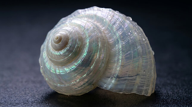 Close up macro photograph of an iridescent seashell displaying a beautiful detailed spiral texture