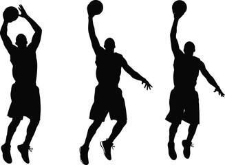 Basketball player silhouettes performing slam dunk and layup action poses isolated on white background © MdHarunur