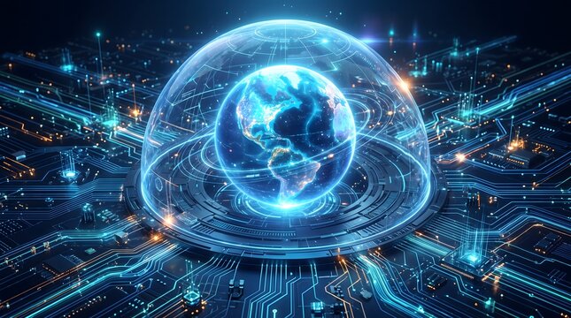 Glowing earth globe inside a transparent digital dome surrounded by intricate blue circuit board patterns representing global connectivity and advanced technology infrastructure in a futuristic data e
