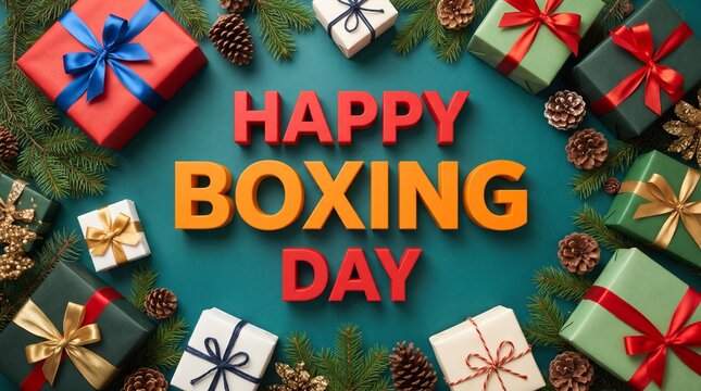 Happy boxing day greeting with colorful gift boxes and bows