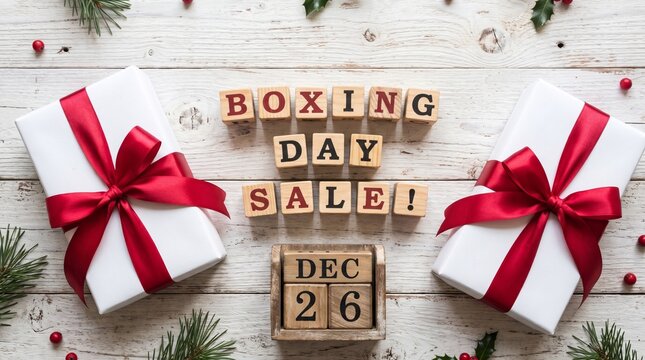 Boxing day sale announcement with red gift bows and wooden letters