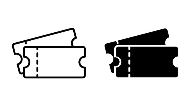 Two tickets outline and solid black vector icons for admission event entry.