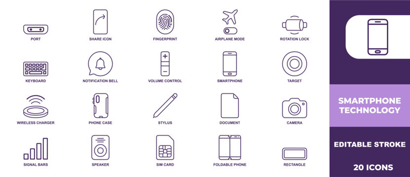 Set of modern smartphone technology line icons representing digital devices connectivity and mobile communication interface elements