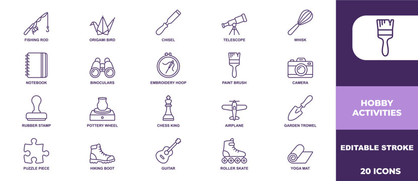 Set of outline icons representing various popular hobby activities for creative projects and design work