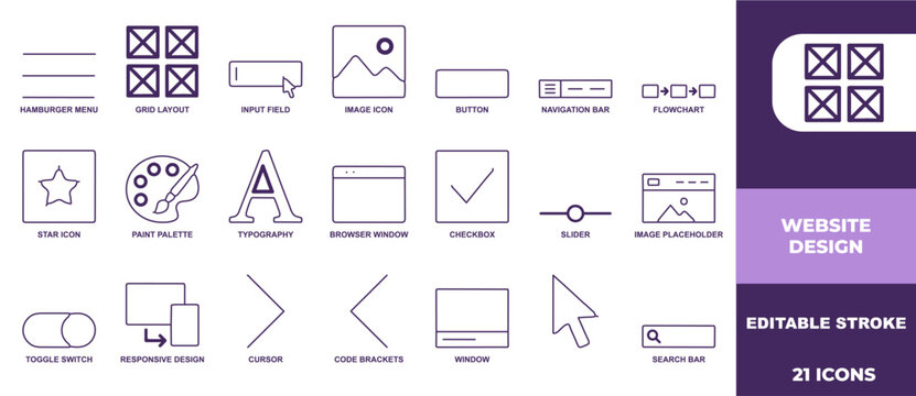 Set of outline web design interface icons representing various user experience elements for modern digital projects