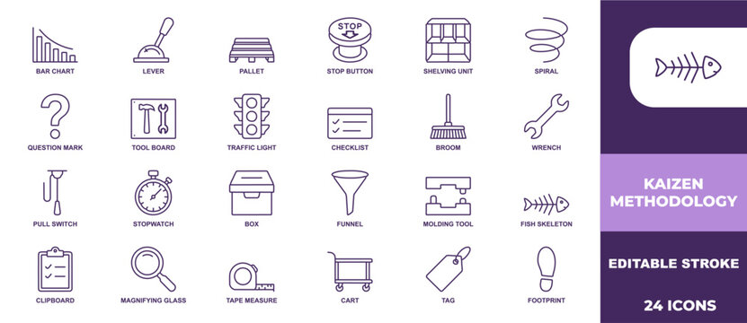 Set of professional business line icons for kaizen methodology and lean manufacturing workflow optimization tools