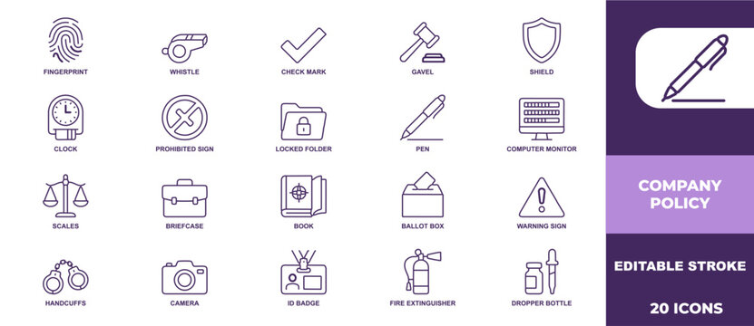 Set of professional company policy line icons for corporate business identity and workplace regulation management systems