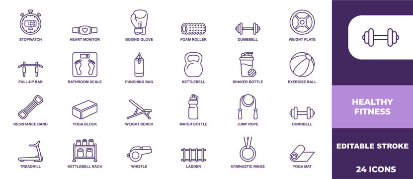 Set of twenty four healthy fitness and gym equipment line icons for exercise apps or branding