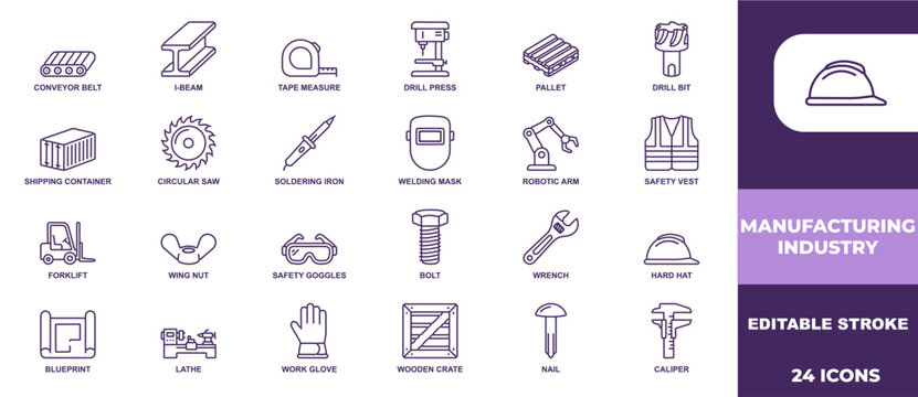 Set of twenty four manufacturing industry linear icons for construction engineering and industrial workshop design projects