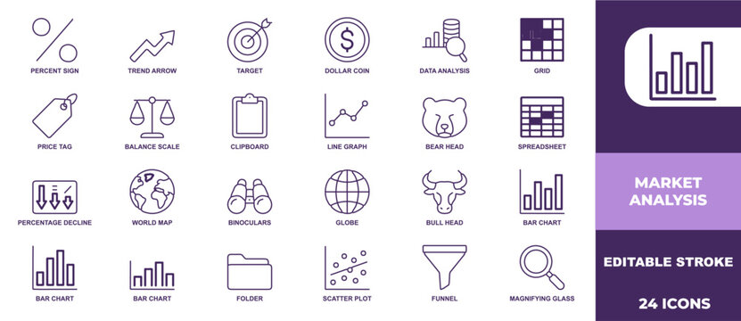 Set of twenty four market analysis linear icons for financial reporting business data and economic growth tracking