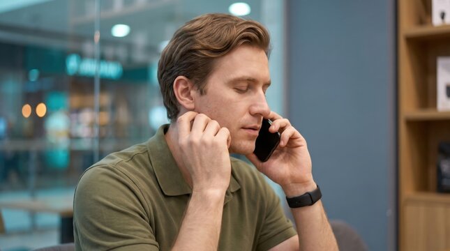 Man talking on smartphone in modern office while adjusting earbud, focused young adult