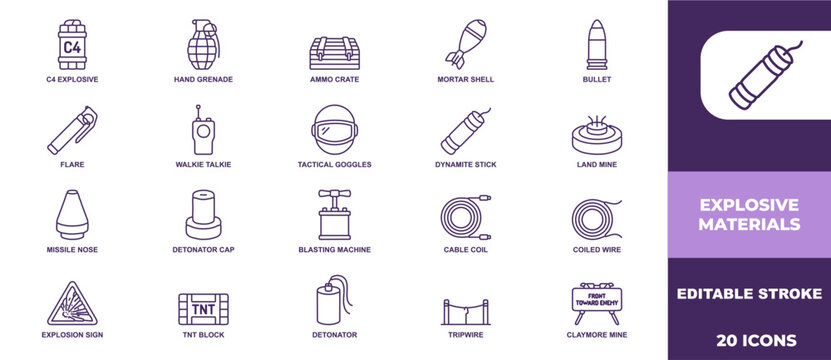 Set of twenty vector line icons featuring various dangerous military weapons and explosive demolition materials