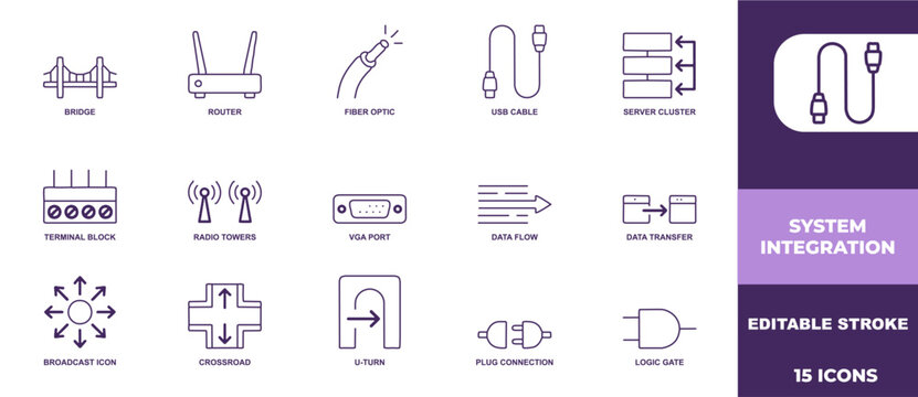 System integration technology icons for networking and data communication concepts with editable stroke outline design elements