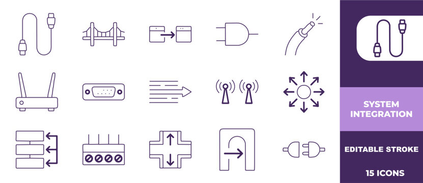 System integration technology icons representing network connections and data communication hardware components for modern computing infrastructure