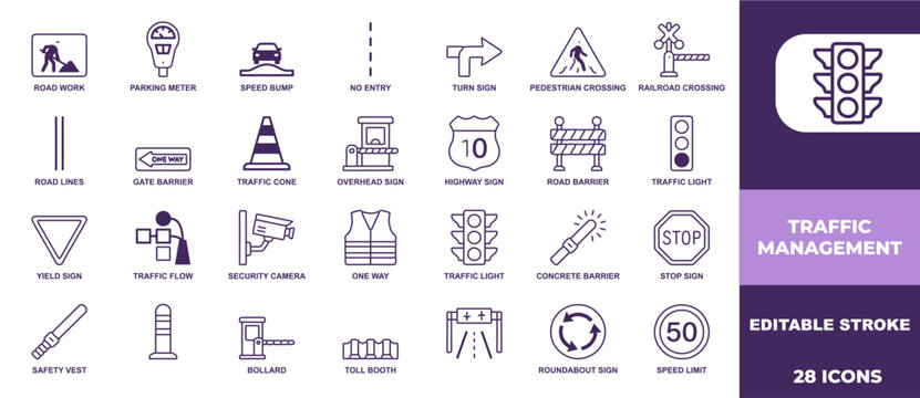 Traffic management signs and road safety icons for urban transportation planning and vehicle control systems set