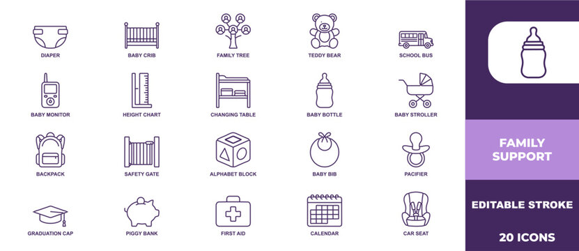 Twenty essential family support and baby care line icons for modern parenting and child nursery services