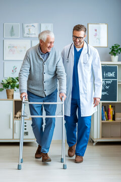  M&eacute;dico que ayuda a un hombre mayor a caminar con un andador en la cl&iacute;nica. M&eacute;dico atento que gu&iacute;a a un hombre mayor con un andador en la cl&iacute;nica m&eacute;dica; fisioterapia para personas mayores y atenci&oacute;n 